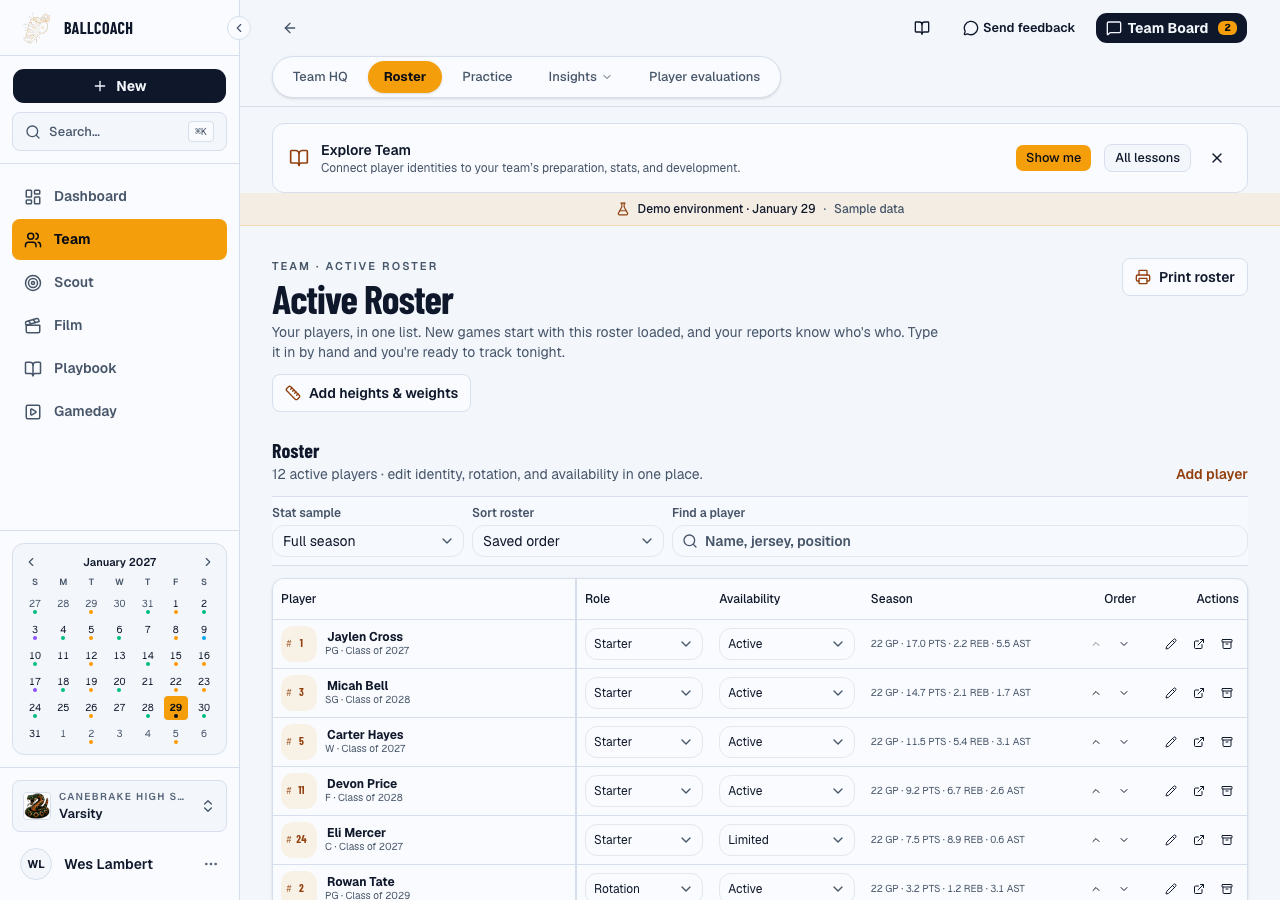 Demo roster showing player names, jersey numbers, and roster controls.