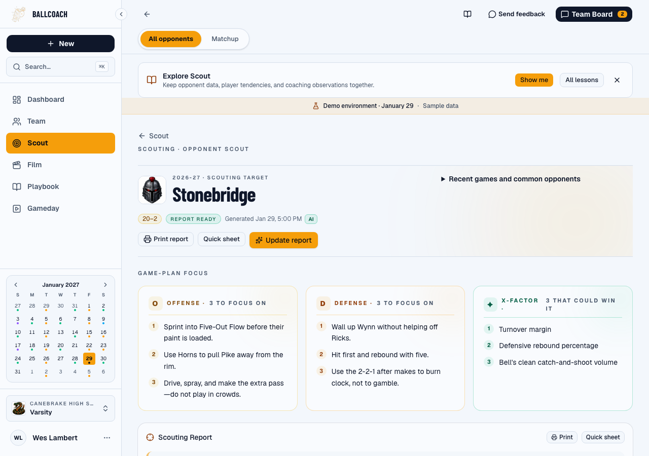 Fictional Stonebridge scout with opponent identity, team comparison, and preparation controls.